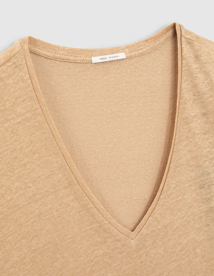 Tee-shirt champagne encolure V maille lin irisée Femme-2