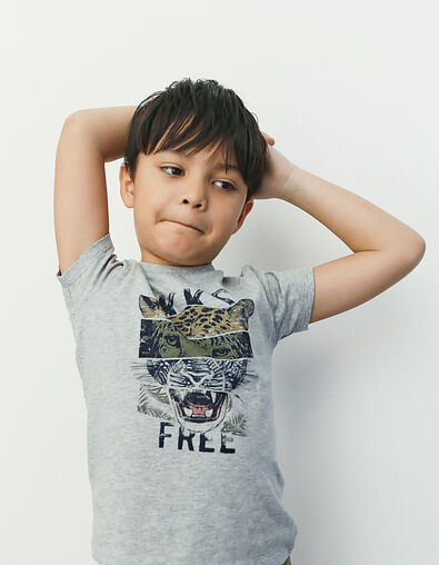 Tee-shirt gris chiné moyen visuel léopard garçon  - IKKS