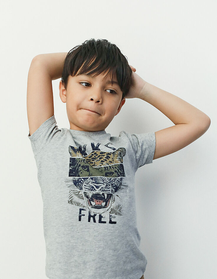 Tee-shirt gris chiné moyen visuel léopard garçon -1 Tee-shirt gris chiné moyen visuel léopard garçon -1