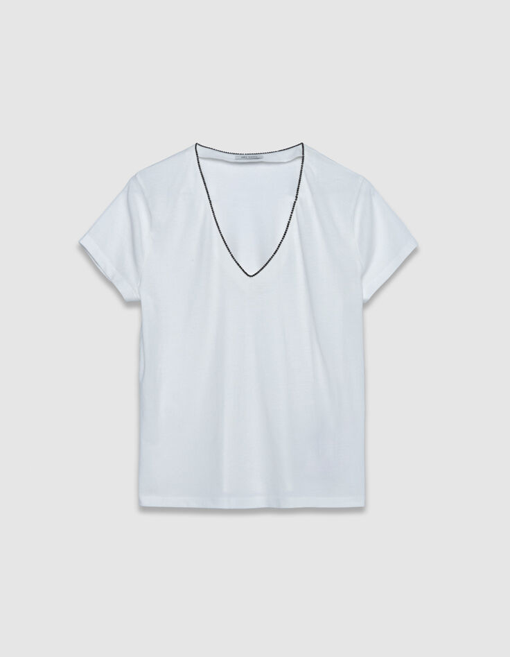 Tee-shirt blanc encolure V bijou Femme-3