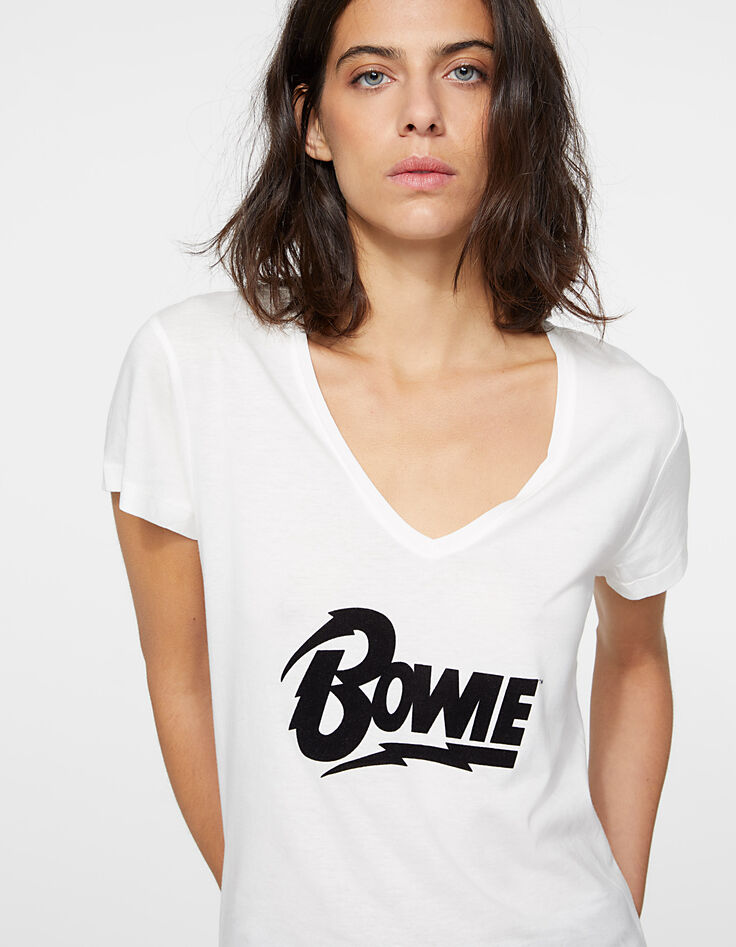 Camiseta pico blanco roto algodón modal visual Bowie mujer-4