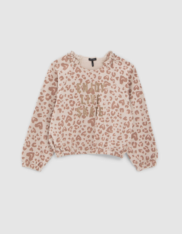 Girls’ ecru sweatshirt with gold leopard slogan print-1