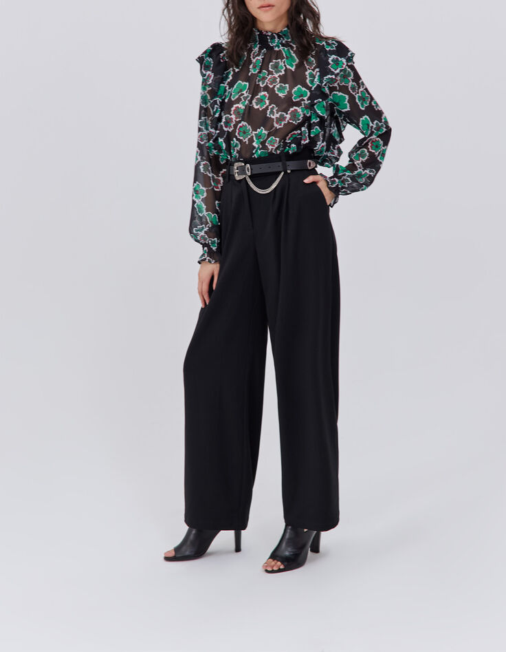 Zwarte wijde broek hoge taille ceintuur Dames-1