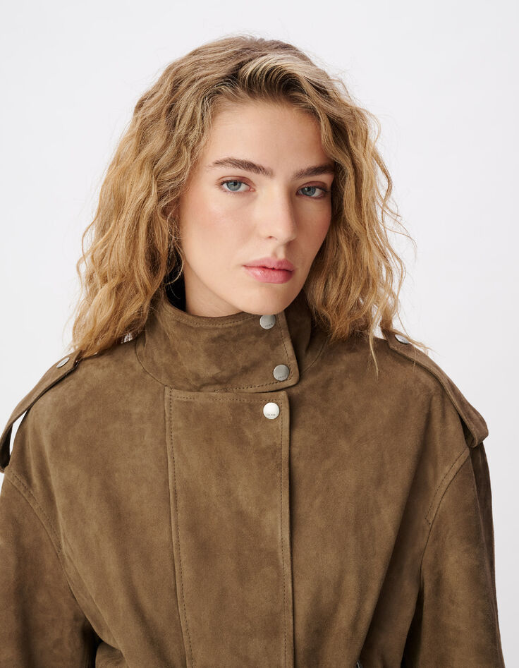 Cazadora de piel de ante beige con cintur&oacute;n para mujer-5