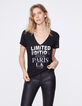 Women’s black metallic print linen V-neck T-shirt-2
