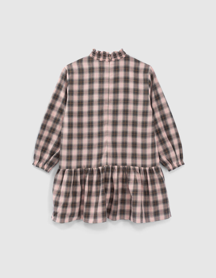 Kariertes Mädchenkleid, pink und khaki, Smock-Kragen-3