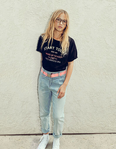 Girls' white blue mom jeans with neon belt - IKKS