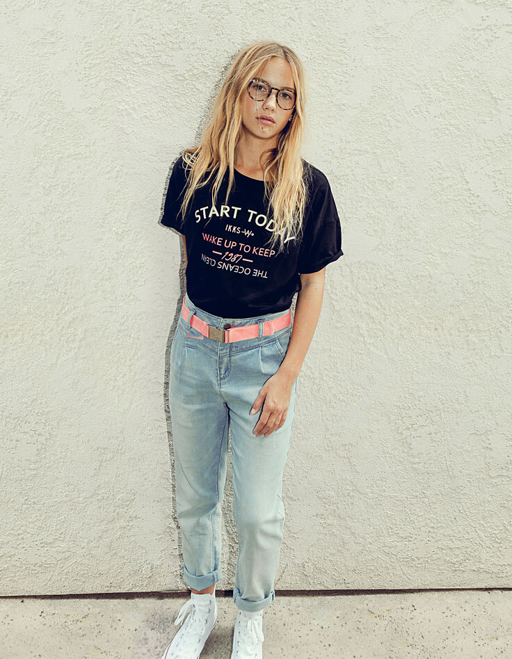 Girls' white blue mom jeans with neon belt-1