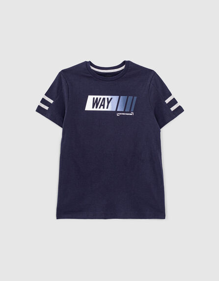 Boys’ navy organic T-shirt with grey striped sleeves