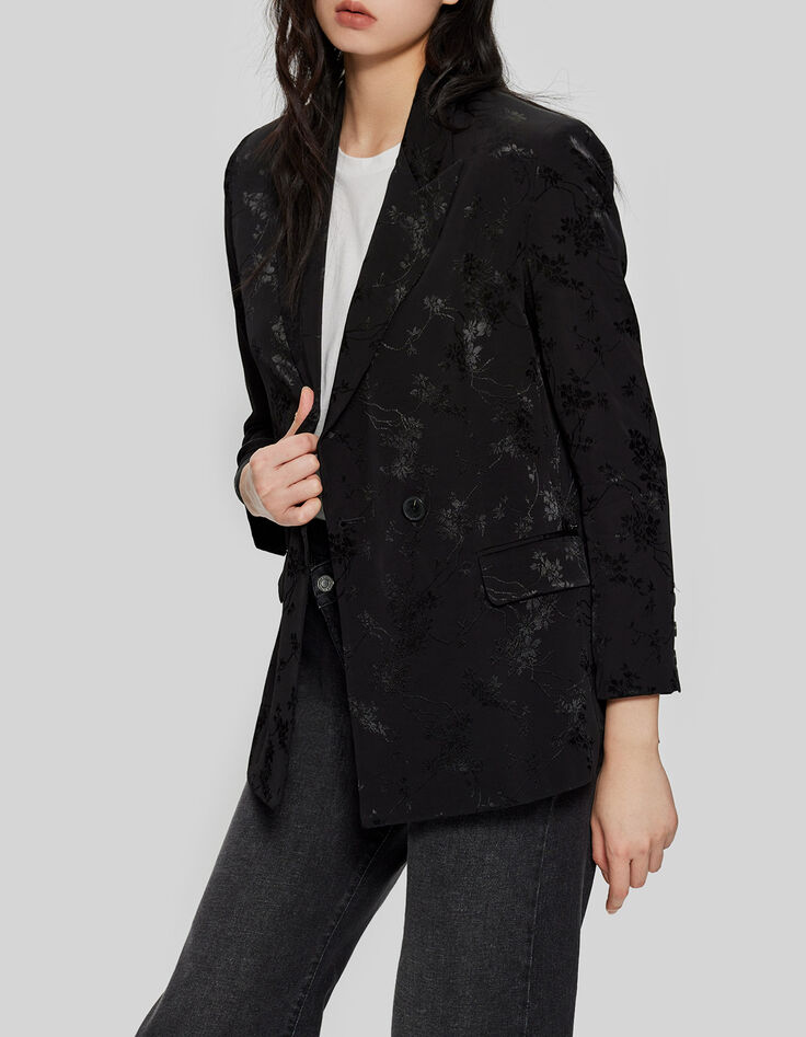 Women’s black plant motif jacquard suit jacket-2