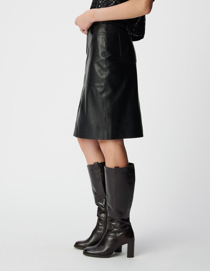 Jupe droite noire cuir longueur genoux Femme-3
