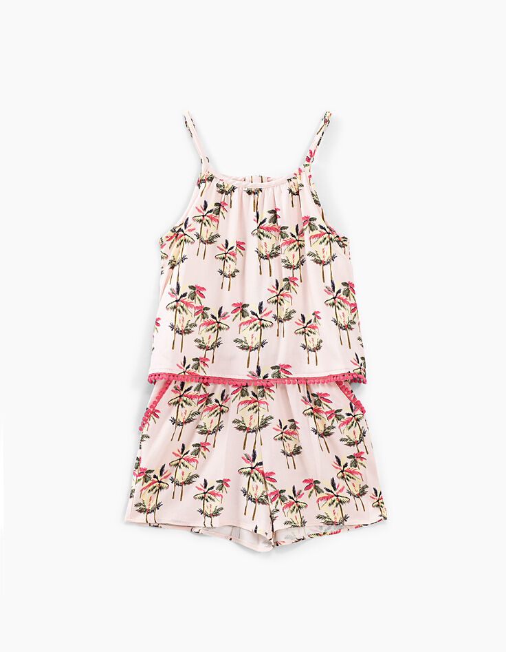 Combi short rose pâle imprimé palmiers fille-1 Combi short rose pâle imprimé palmiers fille-1