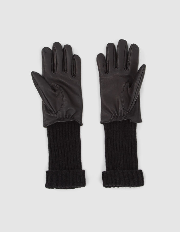 Guantes negros bimaterial piel y punto mujer-3