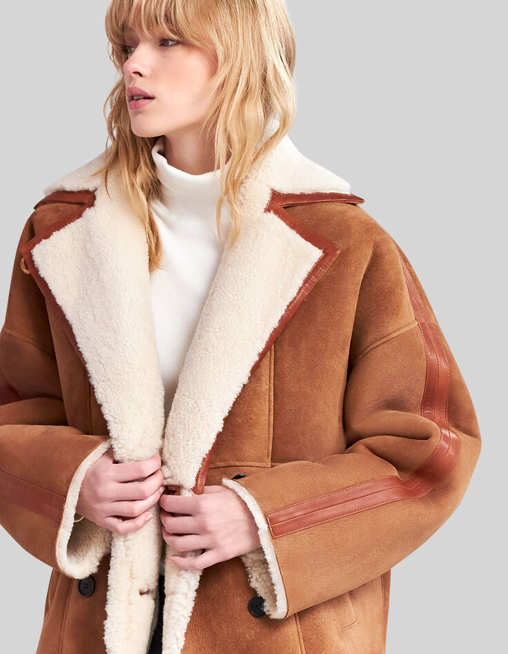 Manteau cognac cuir retourné esprit canadienne Femme-6