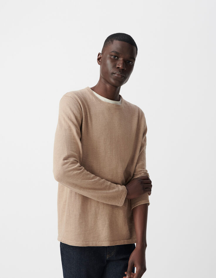 Pull beige tricot flammé col roulotté Homme-2