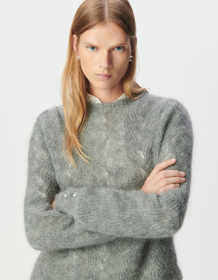 Grauer Damenstrickpulli Mohair-Mix, Zopfmuster-5