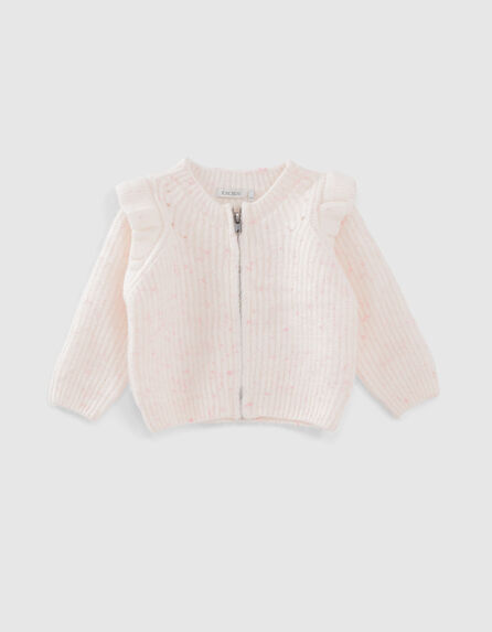Cardigan blanc tricot doupions roses zippé bébé fille