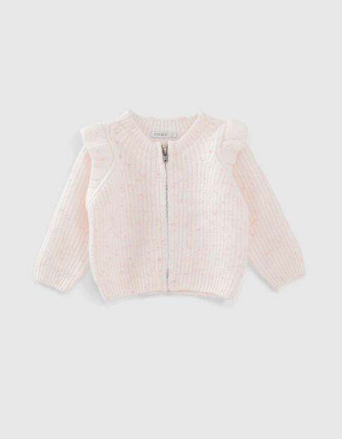Baby girls’ white zipped knitted cardigan, pink dupioni - IKKS