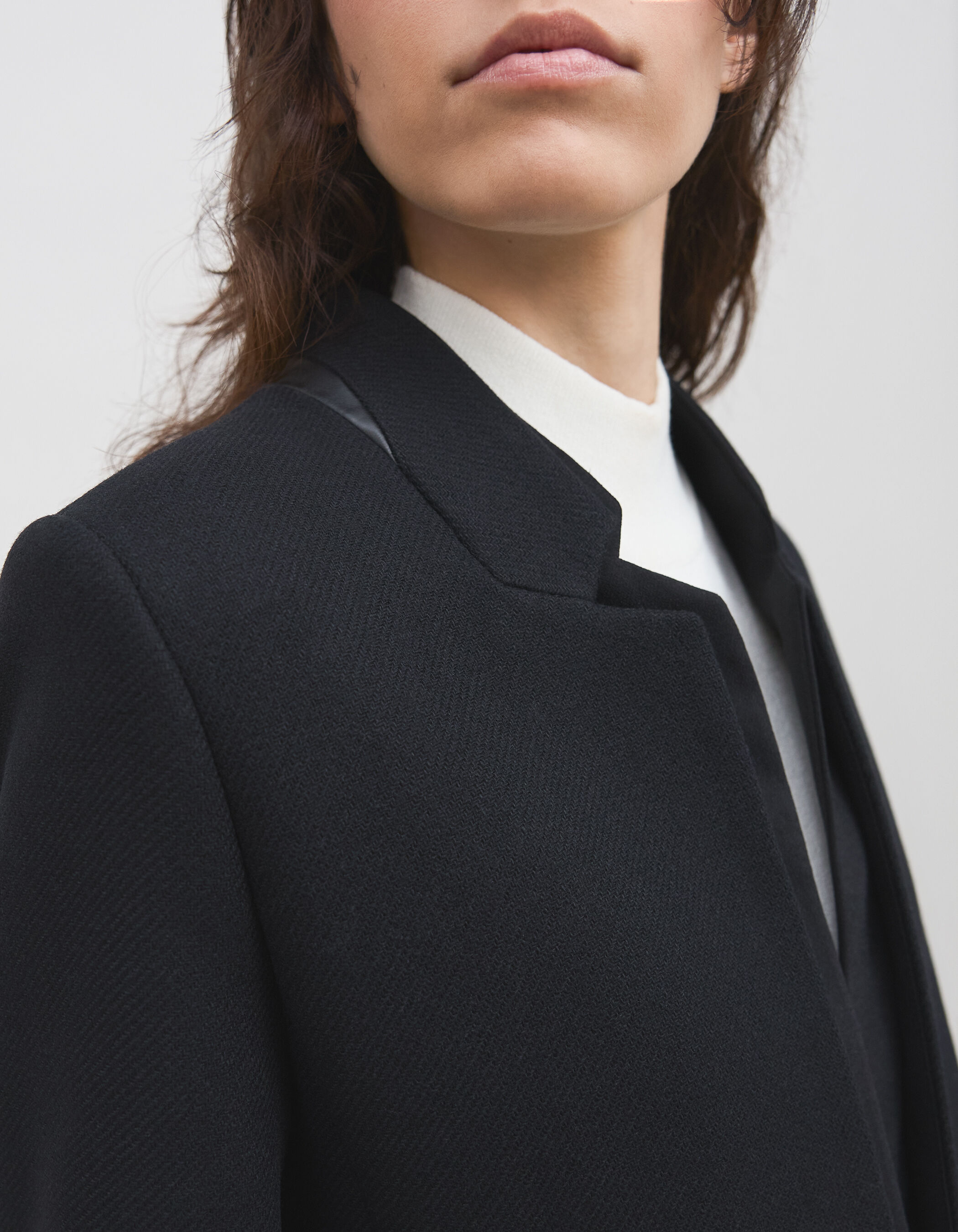 Manteau mi long noir double col enduit femme IKKS