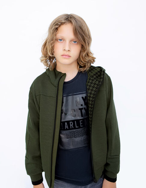 Boys’ khaki cardigan with houndstooth inside
