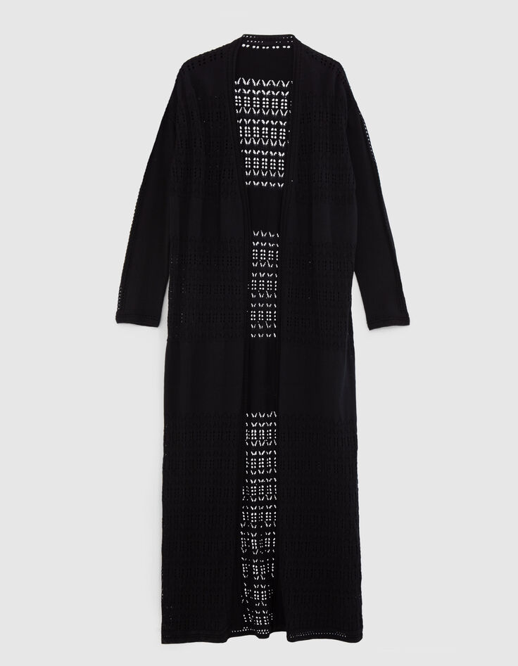 Zwart lang gebreid vest met ajourmesh Dames-6