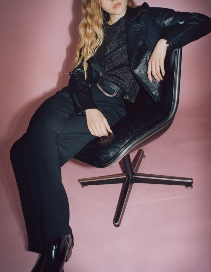 Women’s black crocodile-embossed leather biker jacket-1 Women’s black crocodile-embossed leather biker jacket-1