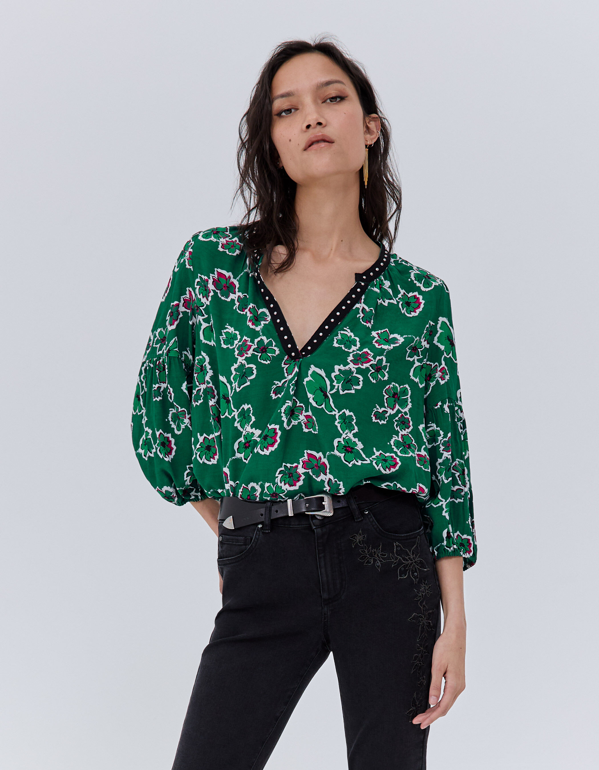 Women s green XL floral print blouse