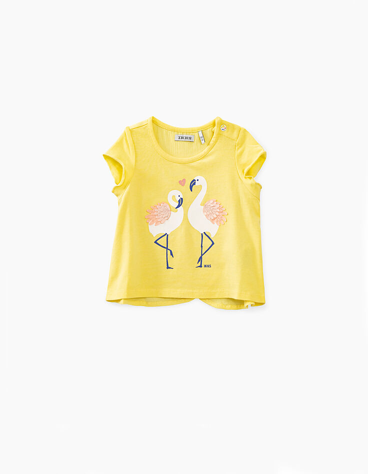 Baby girls’ light yellow T-shirt with pink flamingos-1