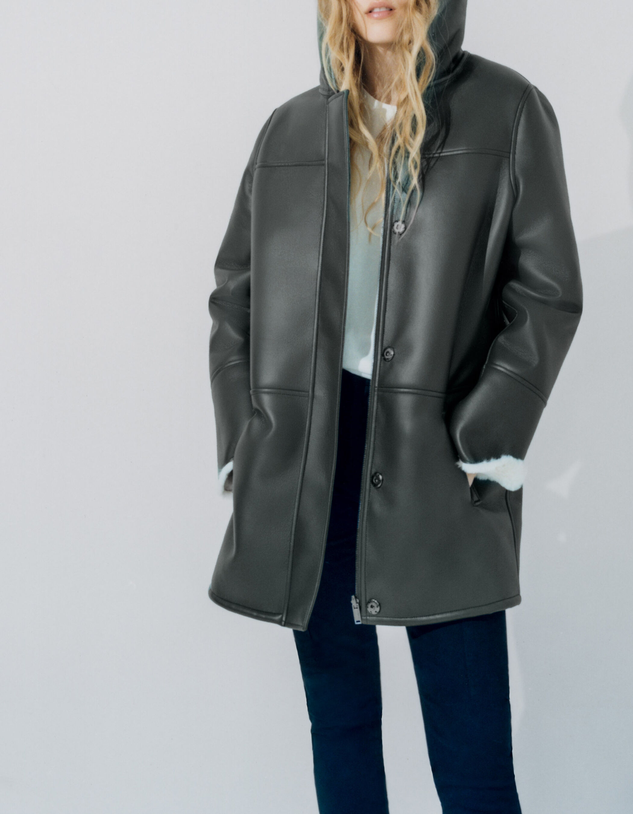 Women s lichen rock fur lined mid length coat IKKS