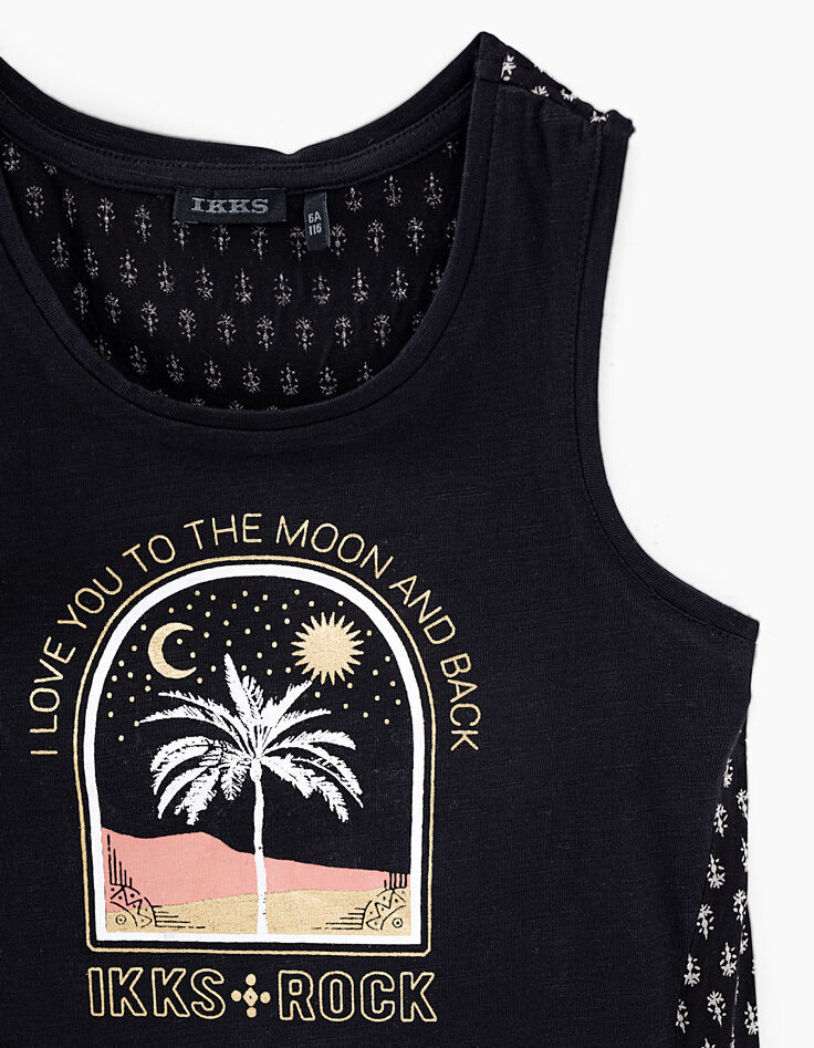 Zwarte singlet twee materialen opdruk palm meisjes-4