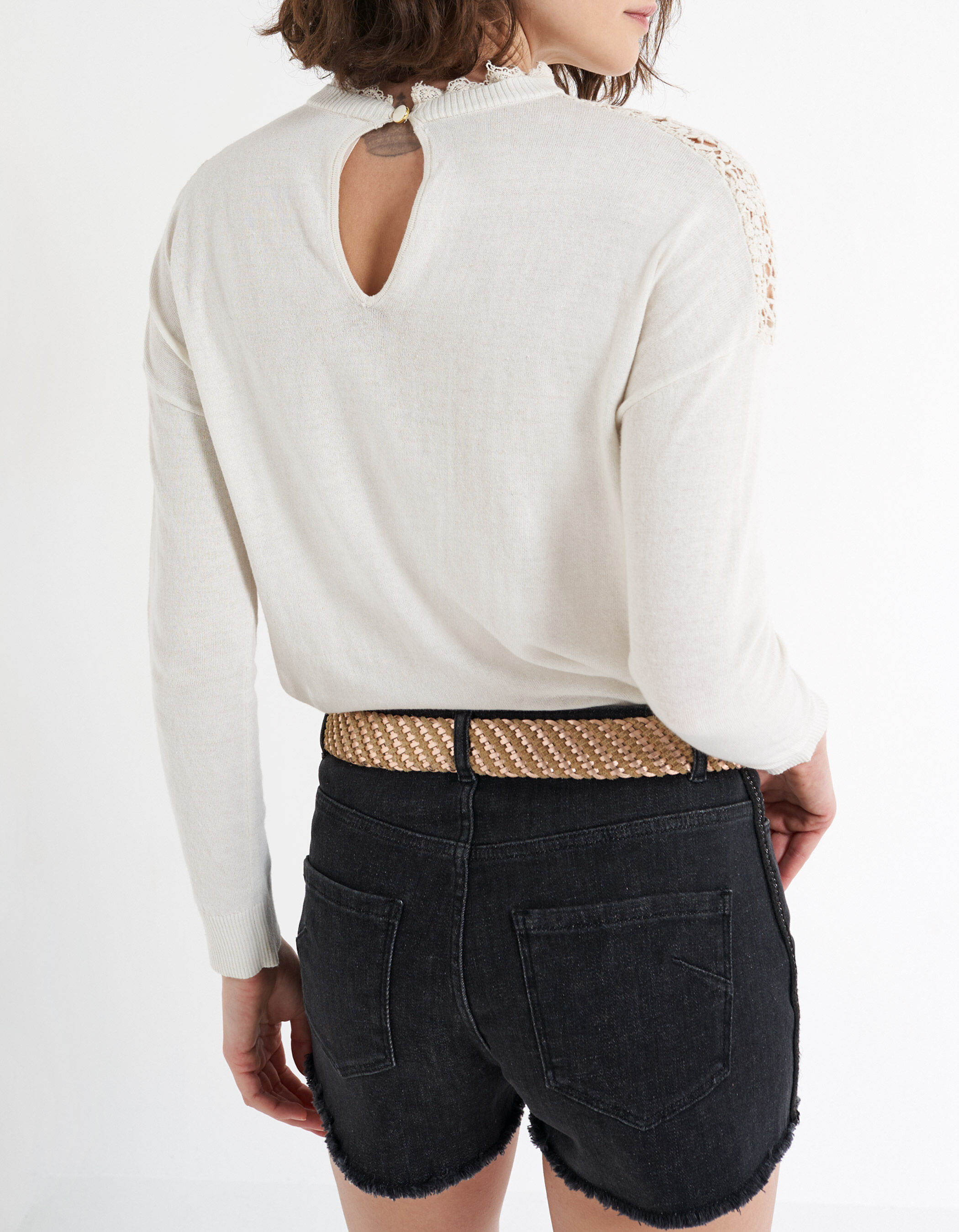 I.Code ecru knit sweater with lace