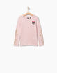Tee-shirt rose à rayures pailletées et patch fille-2
