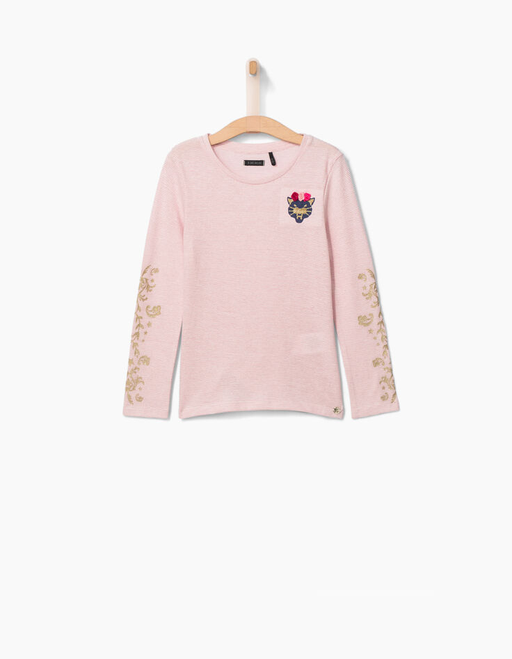 Tee-shirt rose à rayures pailletées et patch fille-2