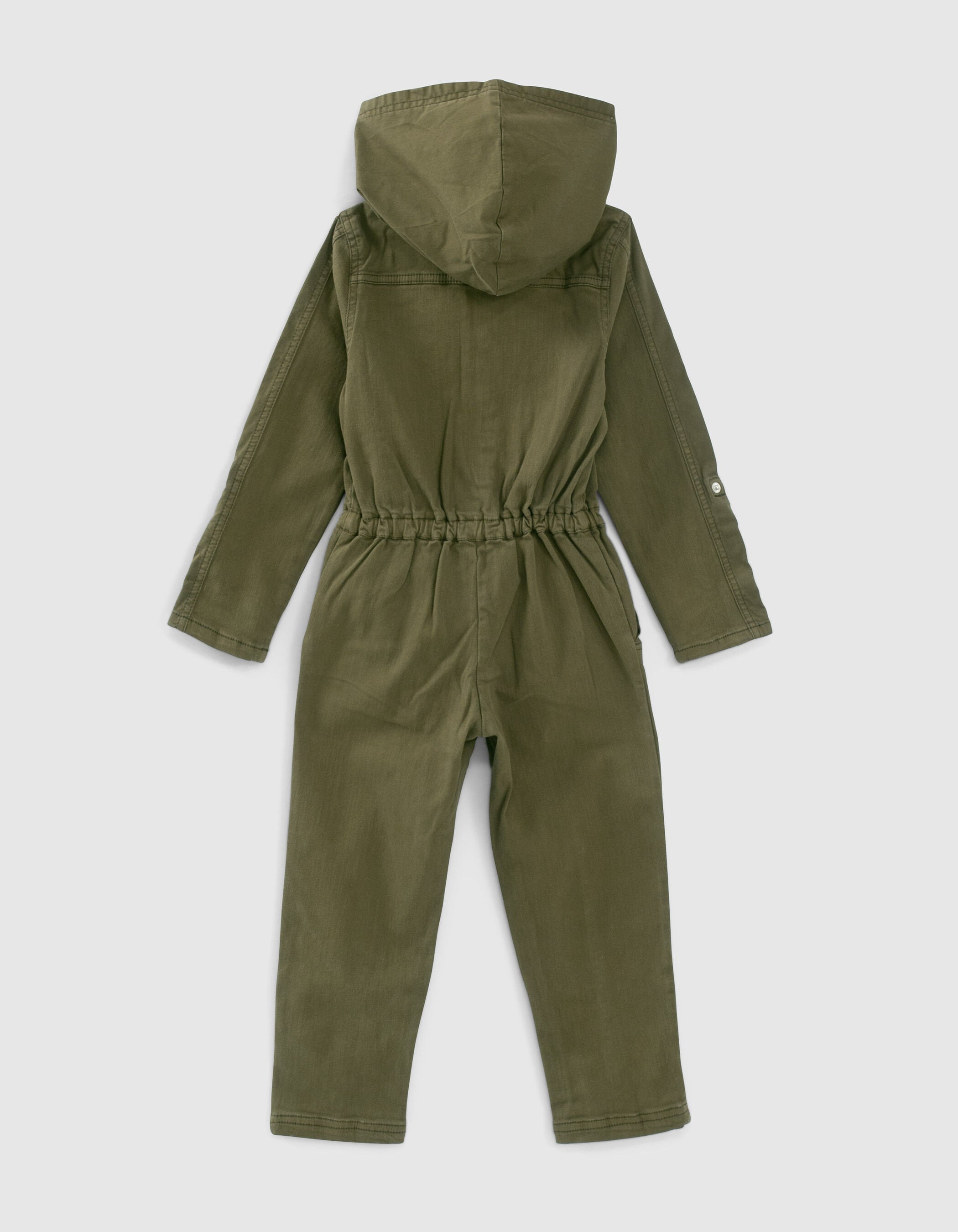 Girls khaki denim patched hooded jumpsuit