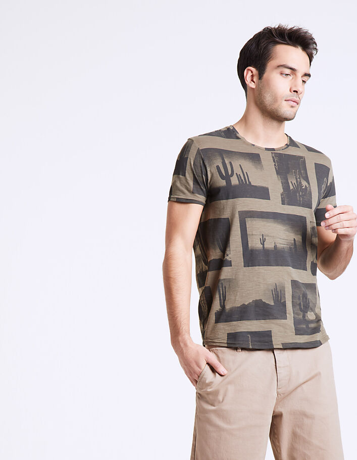 Khakifarbenes Herren-T-Shirt mit Kaktus-Fotoprint - IKKS
