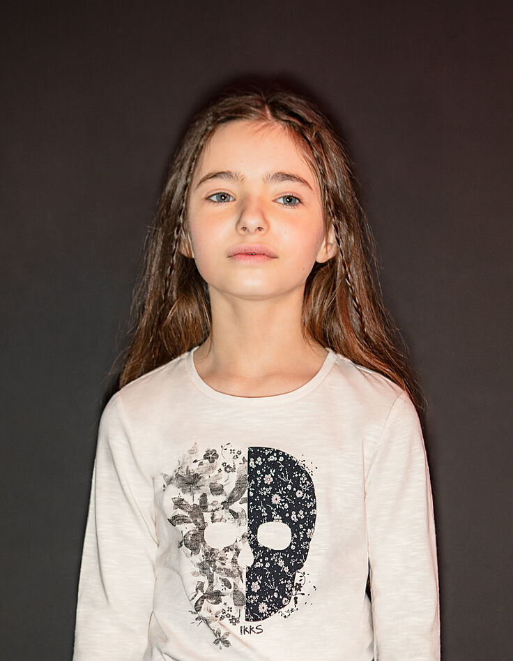 Camiseta rosa pálido con calavera de flores niña-1