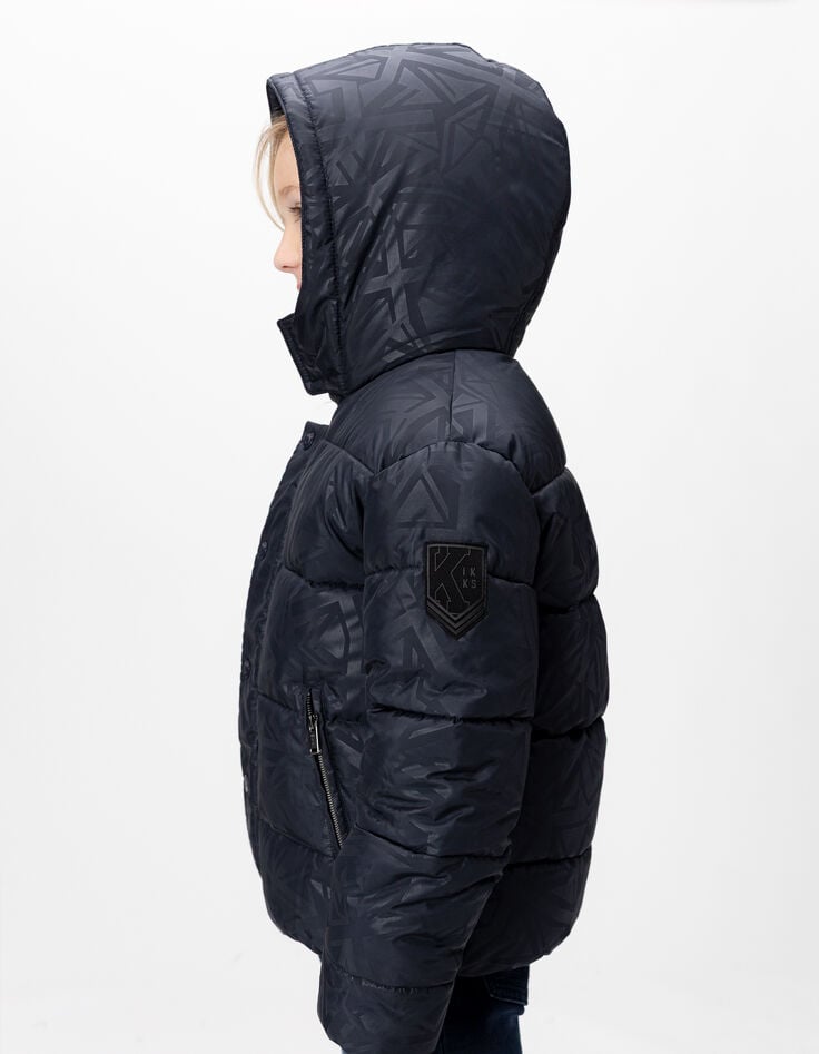 Marineblaue Jungensteppjacke Kapuze grafisches Motiv-3 Marineblaue Jungensteppjacke Kapuze grafisches Motiv-3