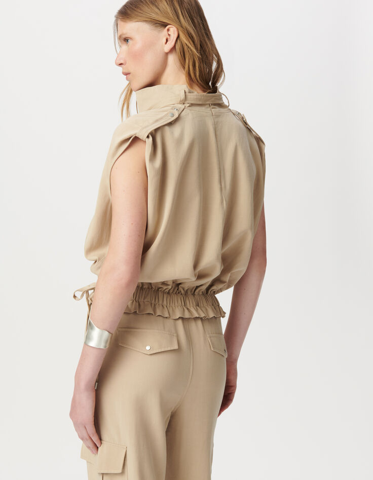Top sans manches beige col montant bas élastiqué Femme-3