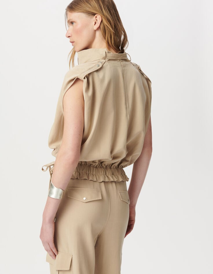 Top sans manches beige col montant bas élastiqué Femme-3 Top sans manches beige col montant bas élastiqué Femme-3