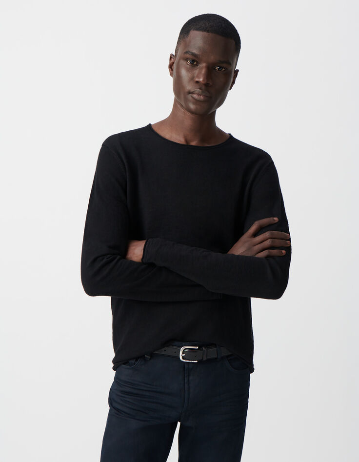 Pull noir tricot fin bords roulottés Homme-2