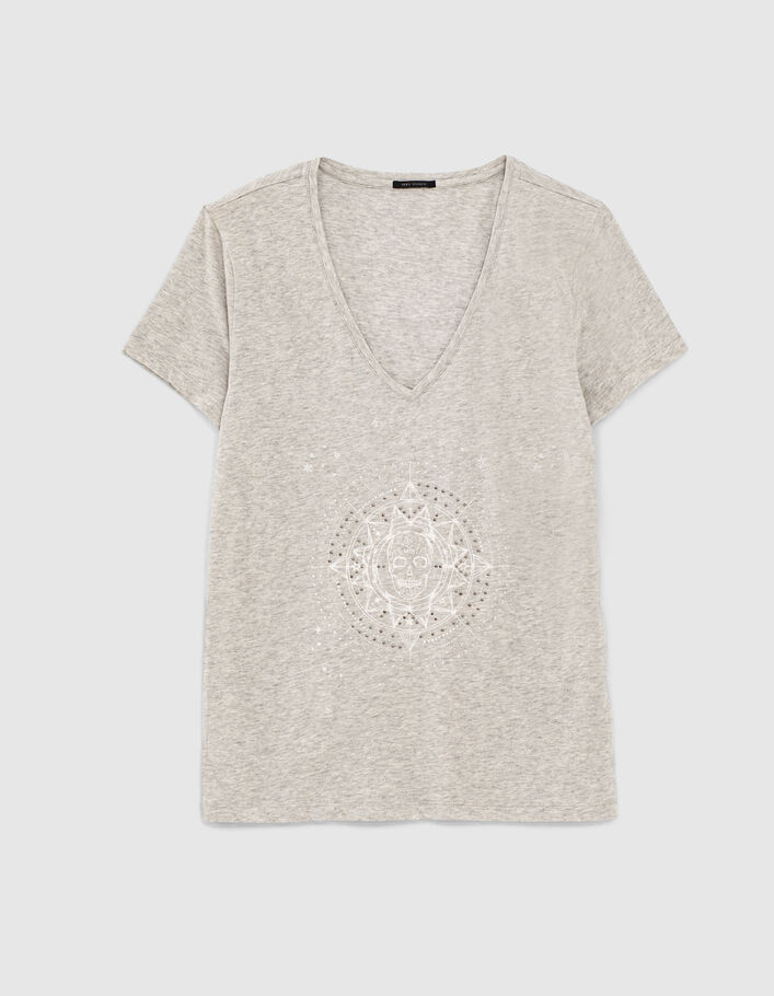 Camiseta pico gris algodón flameado visual estampado-1