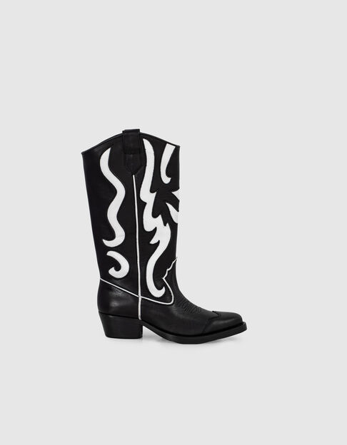 Women’s black & white leather cowboy boots, Western seams