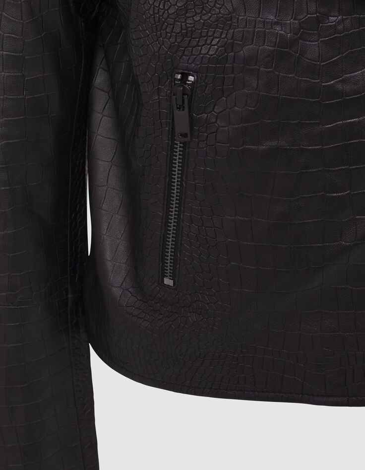 Women’s black crocodile-embossed leather biker jacket-5