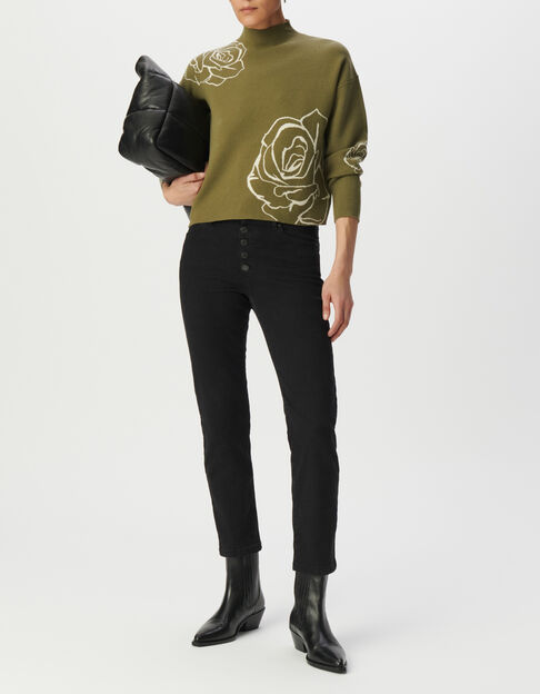 Pull col montant vert tricot jacquard motif roses Femme - IKKS