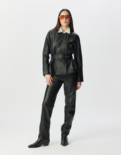 Blouson noir oversize cuir grain&eacute; esprit motard Femme - IKKS