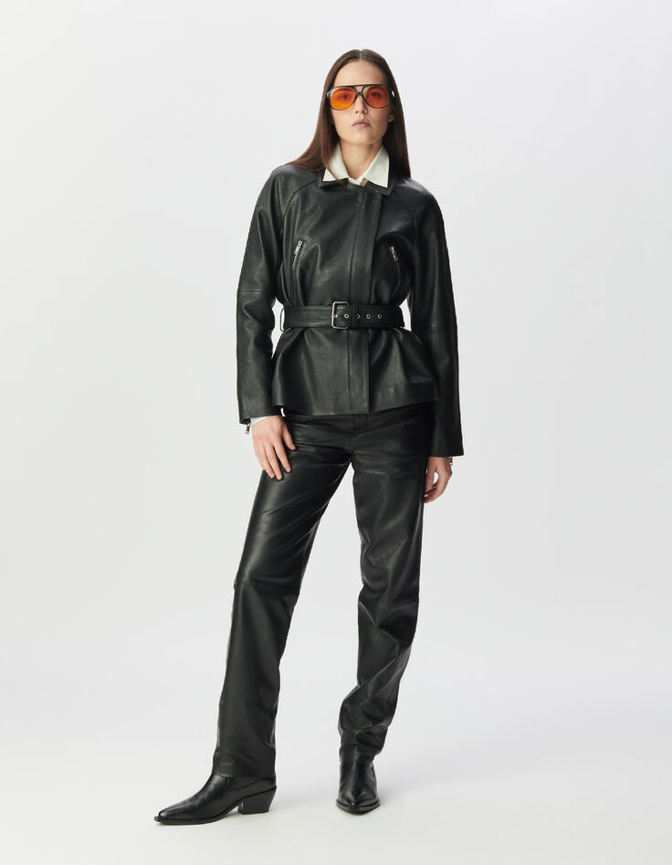 Blouson noir oversize cuir grain&eacute; esprit motard Femme-1
