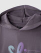 Robe-sweat gris de lin à capuche et message fille-2