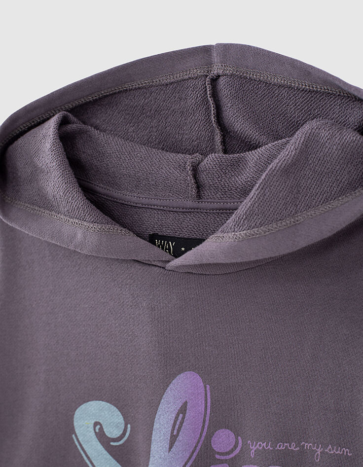 Robe-sweat gris de lin à capuche et message fille-2