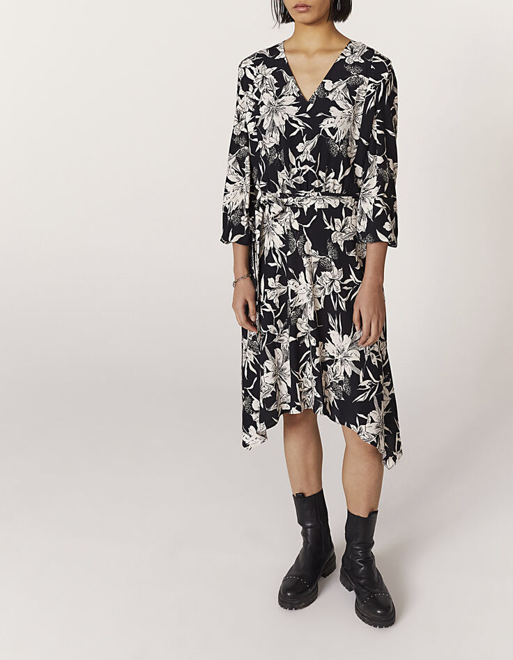 Robe midi en crêpe imprimé floral noir et blanc femme-4