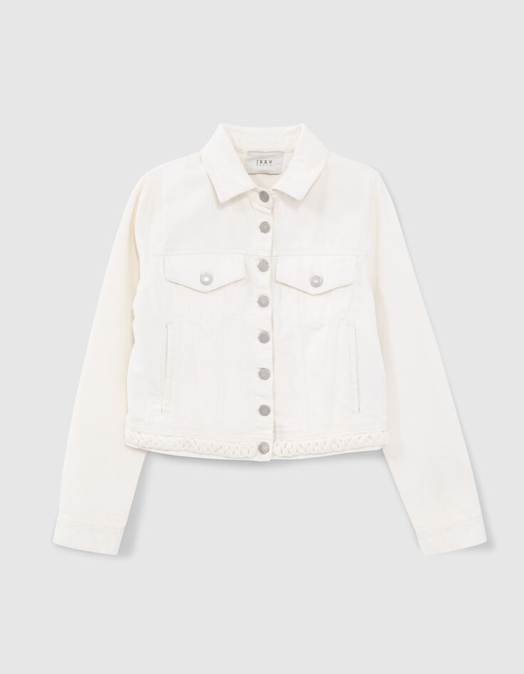 Cremefarbene Jeansjacke für Damen mit Zopfmuster-5